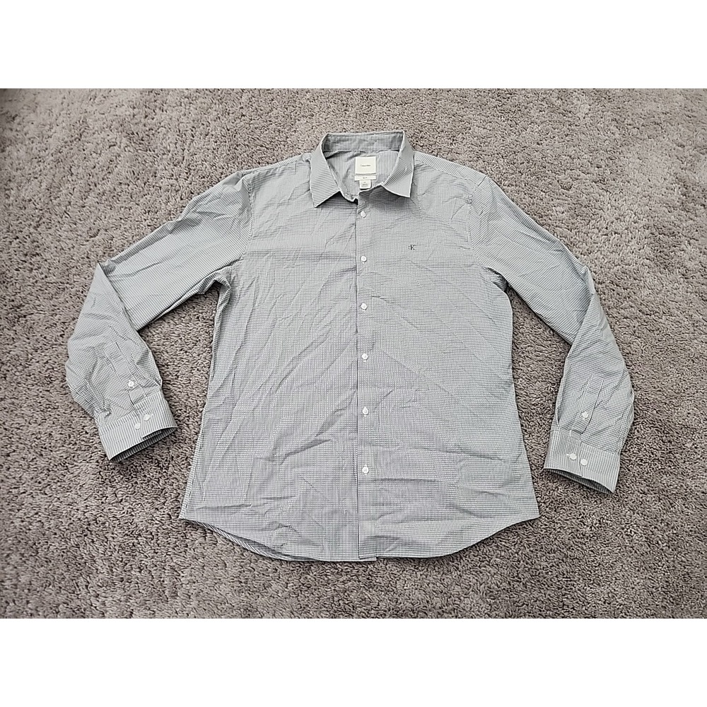 Calvin Klein Long Sleeve Button Up Shirt Mens L White Black Gingham Slim Fit